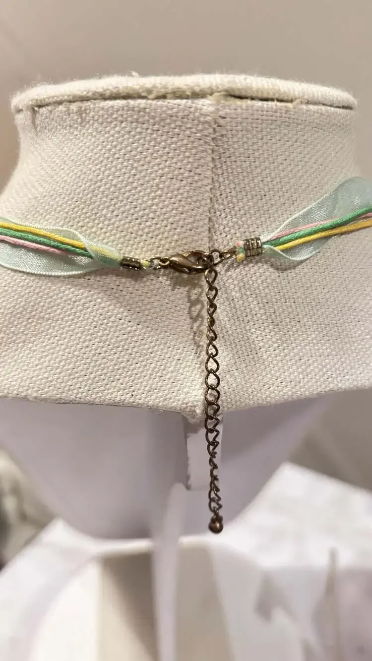 Bohemian Multi-Color Resin Glass Bead Statement Necklace Ribbon Cord